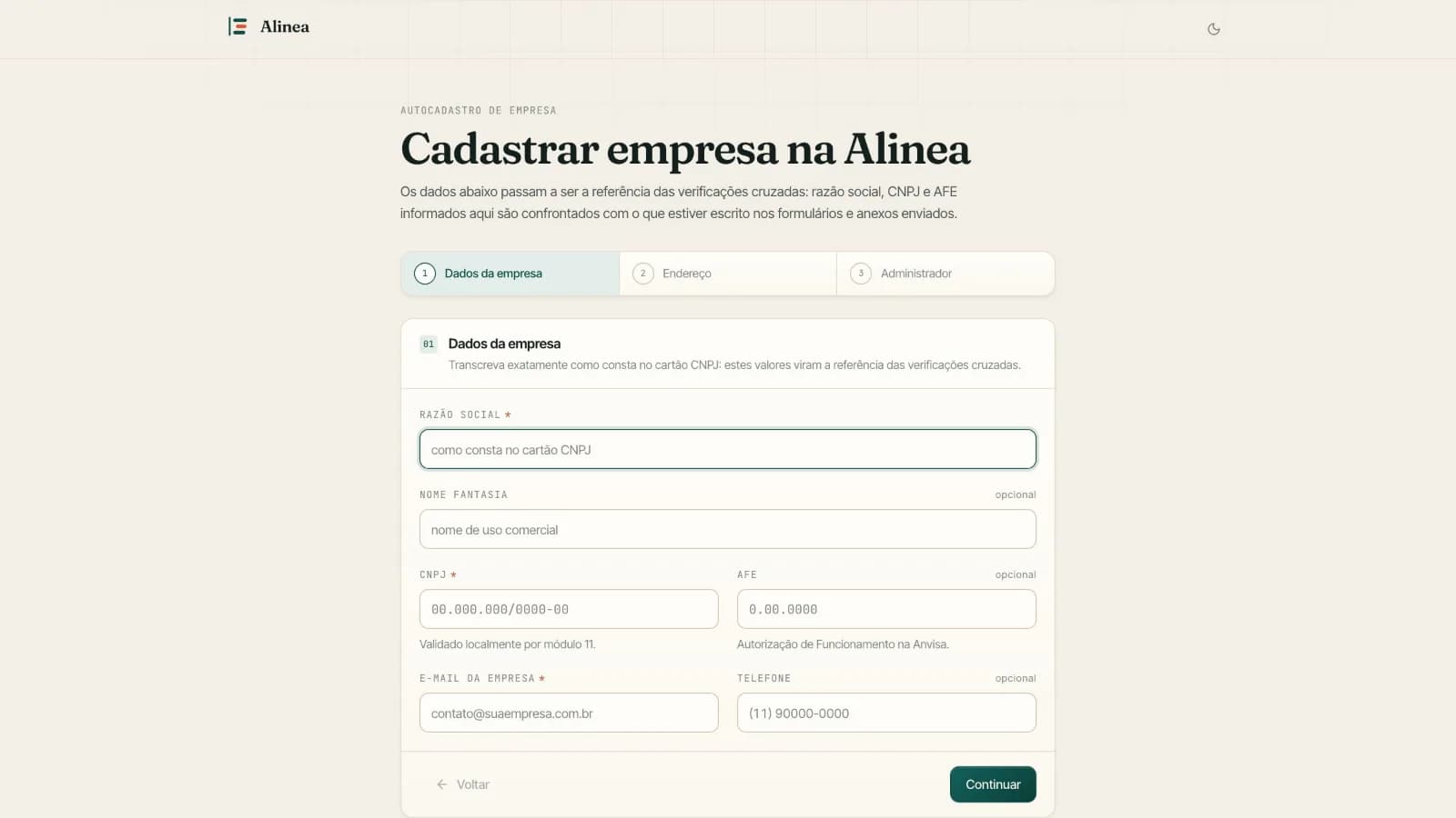Tela de autocadastro do Alinea na etapa “Dados da empresa”, com os campos de razão social, nome fantasia, CNPJ, AFE, e-mail e telefone ainda vazios e o passo a passo numerado no topo.